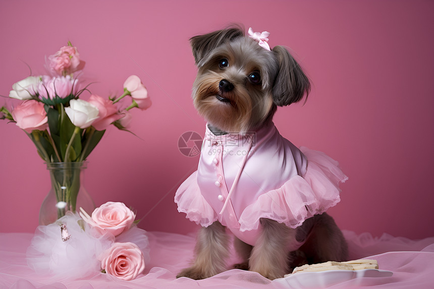 穿着粉色衣服的小狗图片
