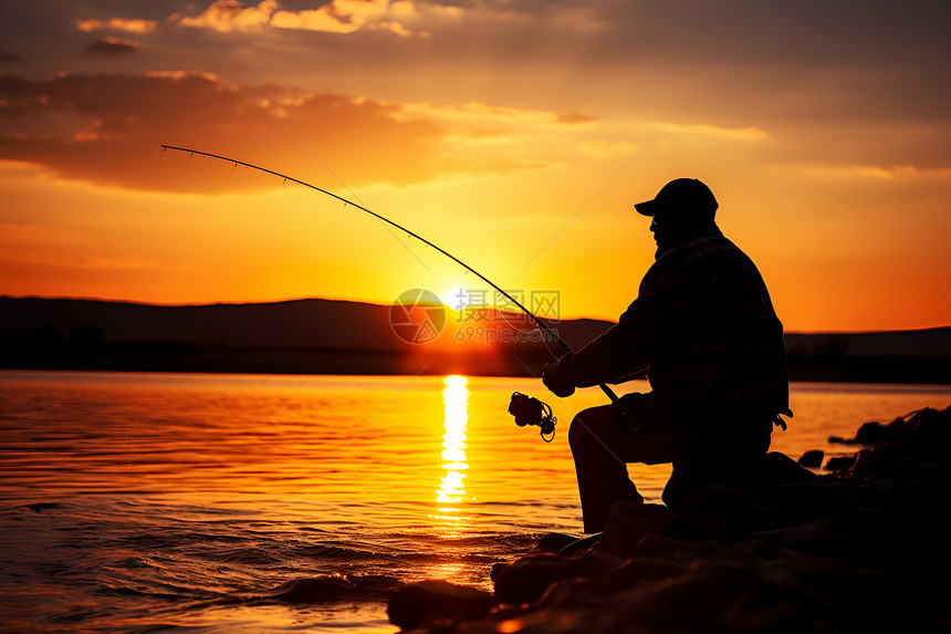 湖边钓鱼的男人图片