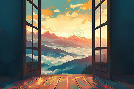 阳台露台窗外的山海插画