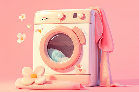 清洗家电少女感的粉色洗衣机插画