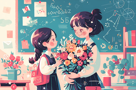 两位女学生女学生献上鲜花插画
