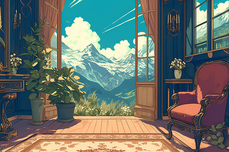 客厅阳台木地板盆栽植物的客厅插画