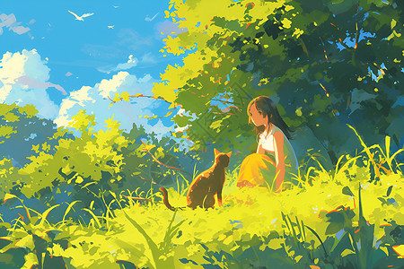 阳光下的少女与她的猫咪背景图片