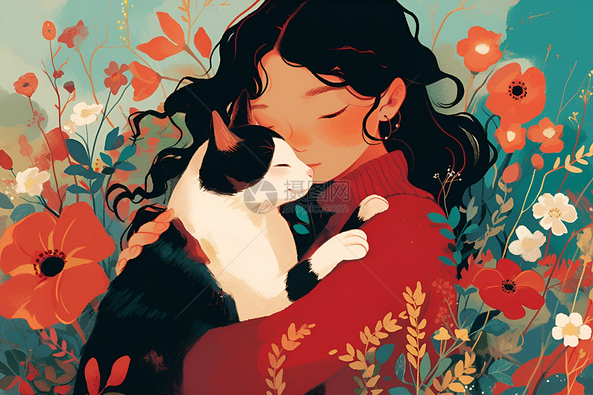 少女与她的猫在盛开花朵下图片