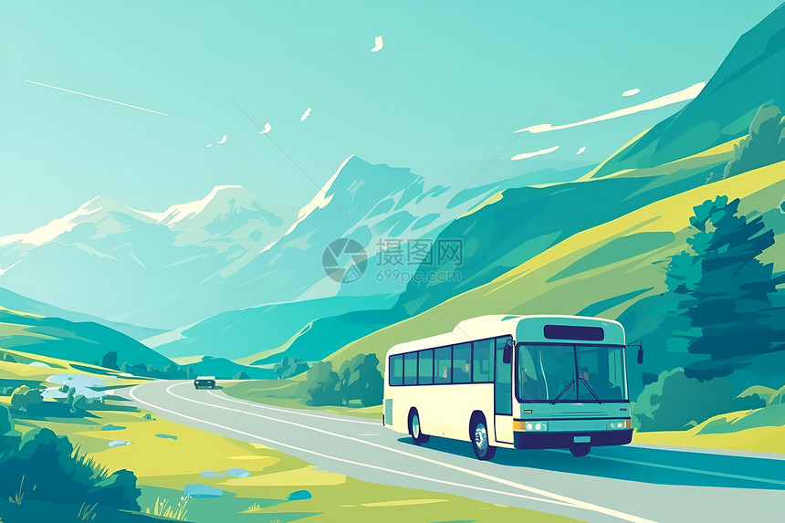 巍峨山脉下的公交车图片