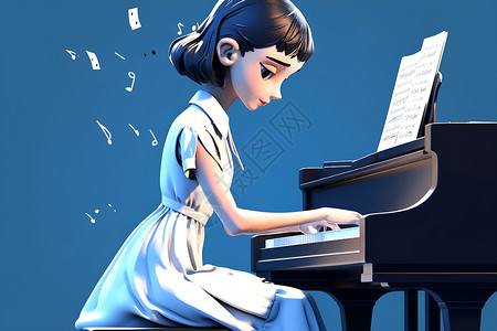 弹奏钢琴女孩的深情弹奏插画
