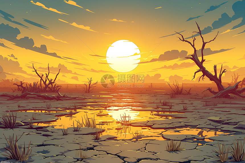 日落时的干旱土地图片