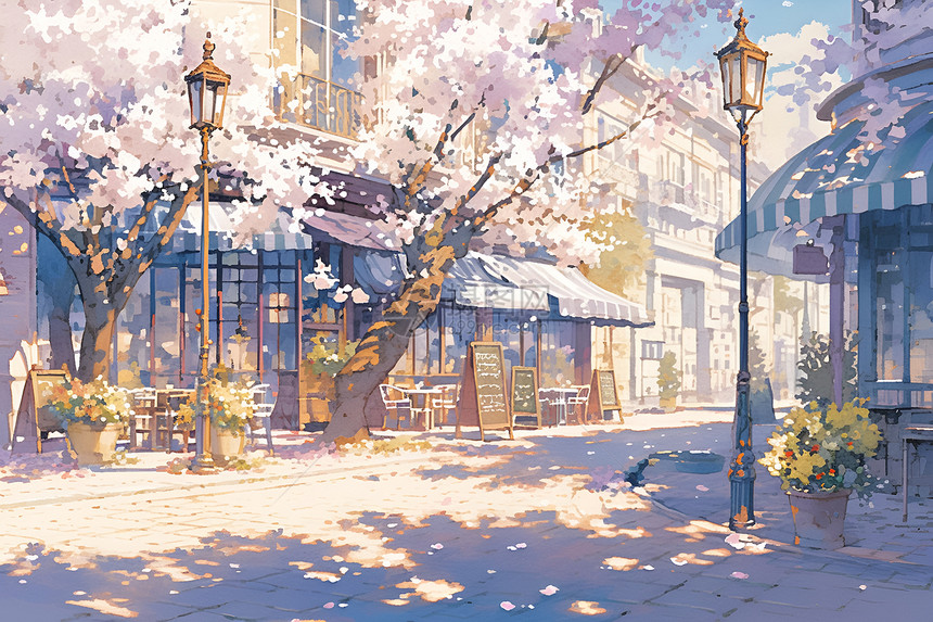 绘画的咖啡馆和花树图片