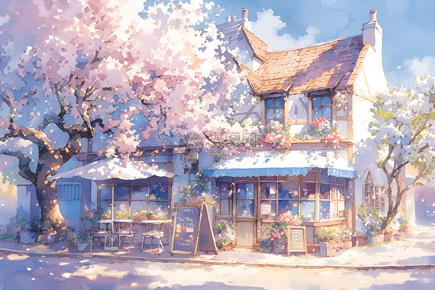 樱花树下的建筑图片
