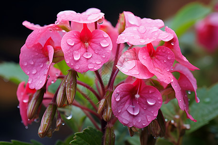 凤仙花素材水滴点缀的粉色花朵背景