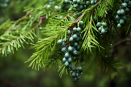 植物食物素材清新的松树上挂着浆果背景