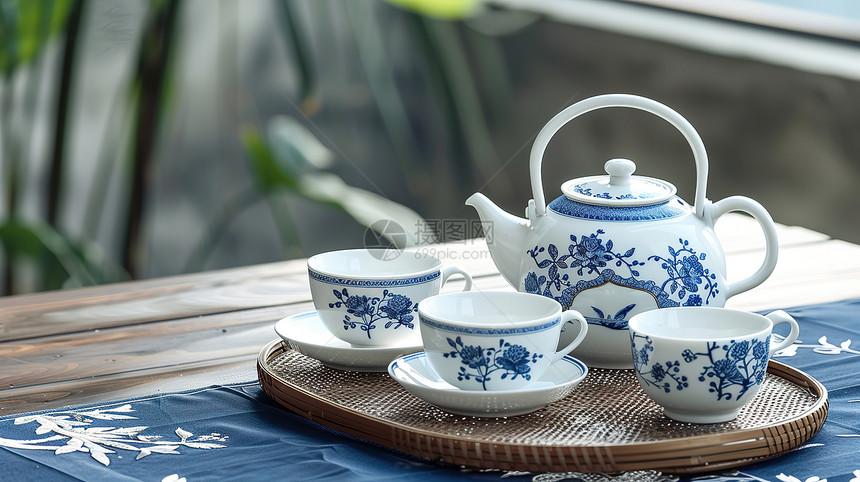 桌面上的传统茶具图片
