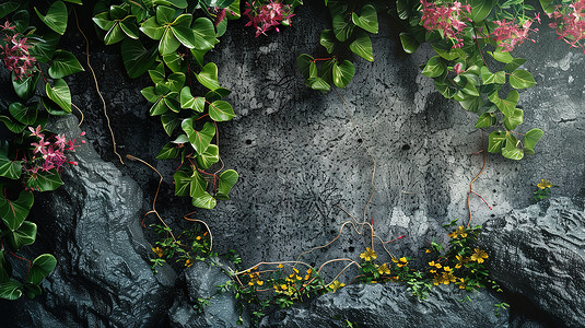 宽阔的岩壁墙壁前的植物插画