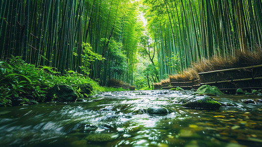 竹林中流淌的溪流背景