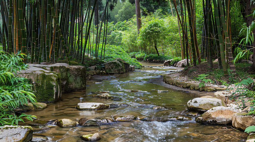 山间竹林中的溪流图片