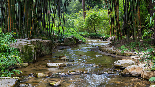 山间竹林中的溪流背景