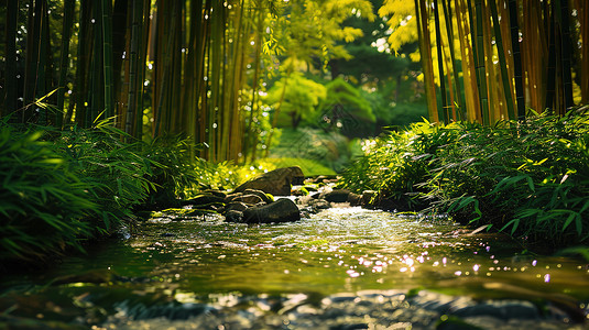 竹林中的自然溪流高清图片