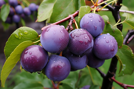 水果青梅紫色的浆果串挂在树枝上背景