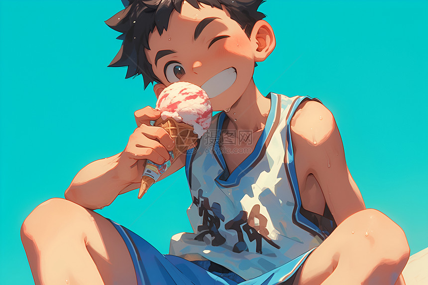 男孩儿吃冰淇淋天空蓝映衬笑眯眯的眼睛图片