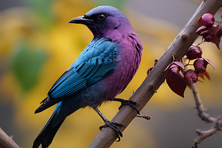 蓝紫色的小鸟停在树枝上高清图片