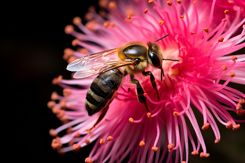蜜蜂在粉色花朵上采蜜图片