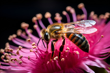 单花蜜蜜蜂与粉色花朵背景