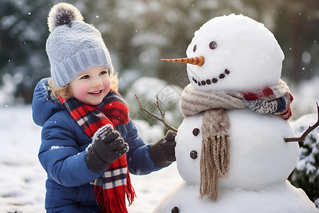 一个可爱的小女孩在雪地里造雪人高清图片
