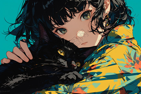 抚摸宠物抚摸黑猫的少女插画