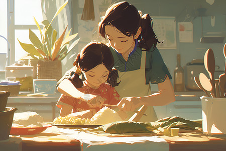 妈妈在厨房做饭母女团聚在厨房插画