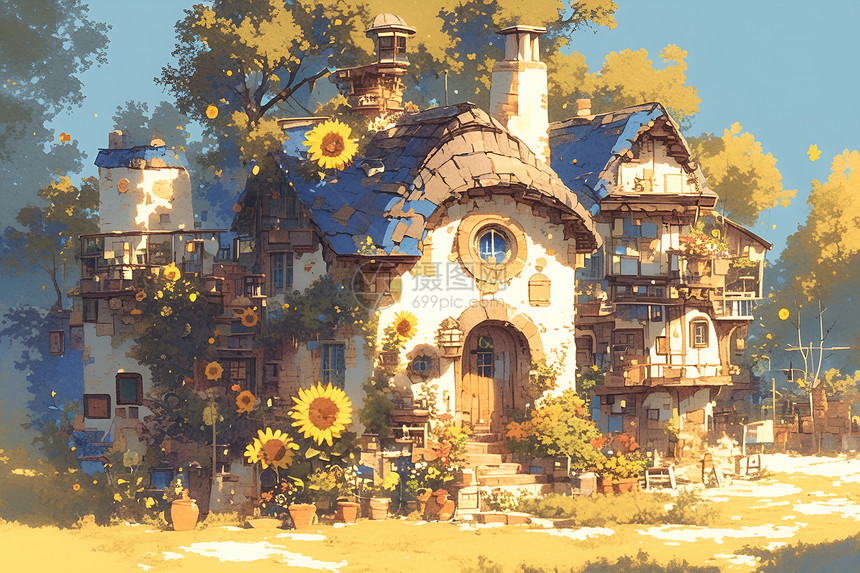 阳光下的小房子和向日葵图片