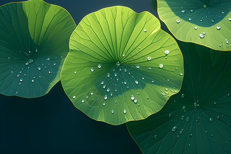 植物鲜花荷叶上的雨滴插画