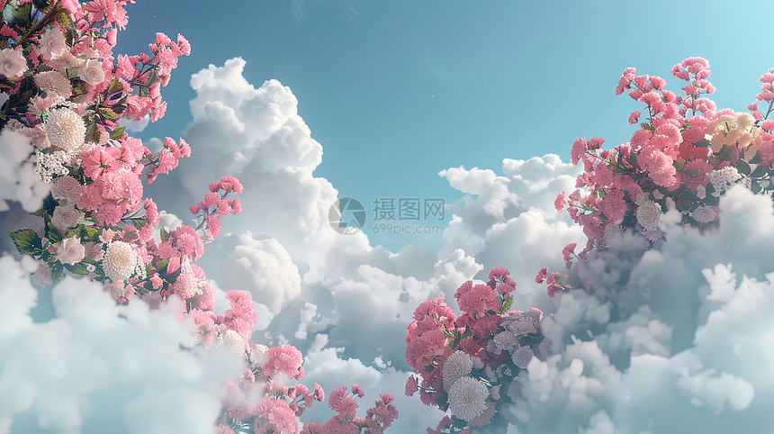 云海中的粉色花朵图片