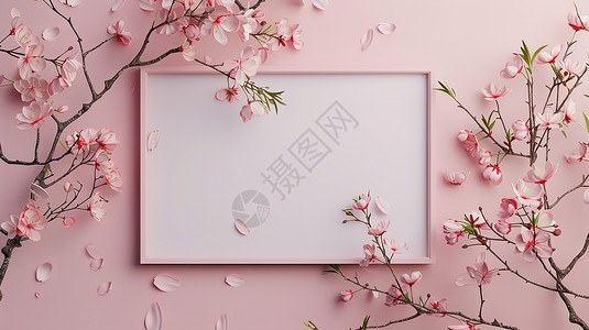 粉色插花花朵白色画框和花朵插画