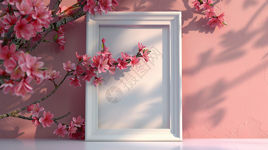 粉色相框花朵的白色相框插画