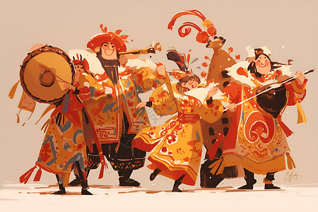 民族节庆欢快的民族舞蹈团插画