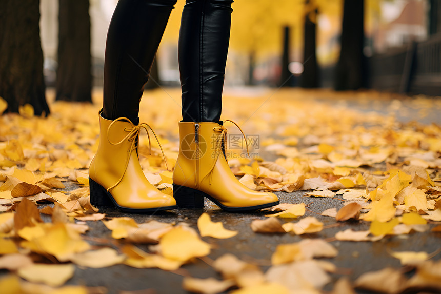 落叶间穿着黄靴的女孩图片