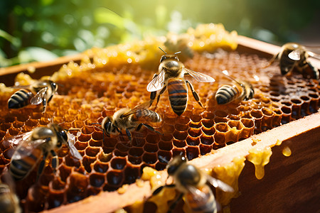采蜂蜜小姑娘蜂巢里的蜜蜂背景