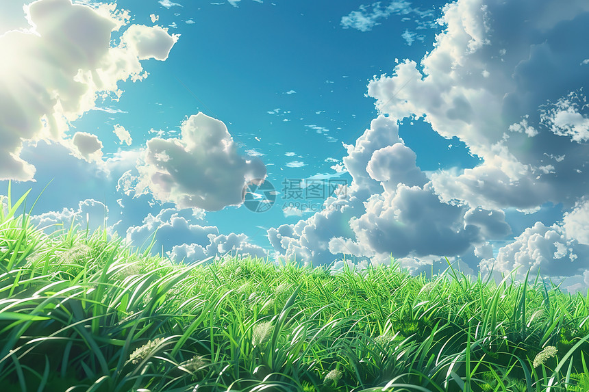 绿草坪上的蓝天白云图片