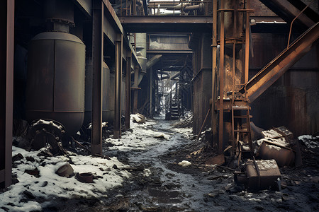 雪中的工厂废墟高清图片