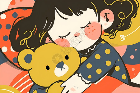 抱玩偶小女孩小女孩抱着小熊插画