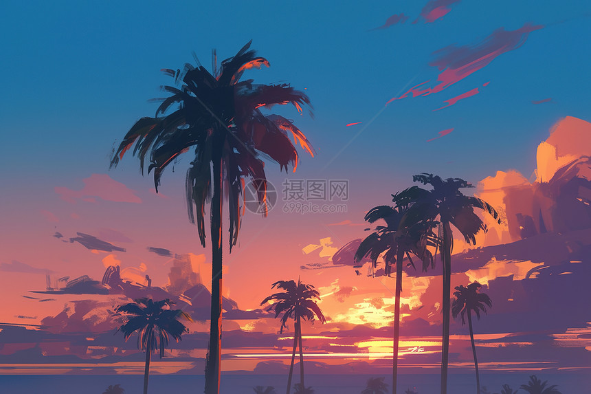美丽夕阳下的椰树图片