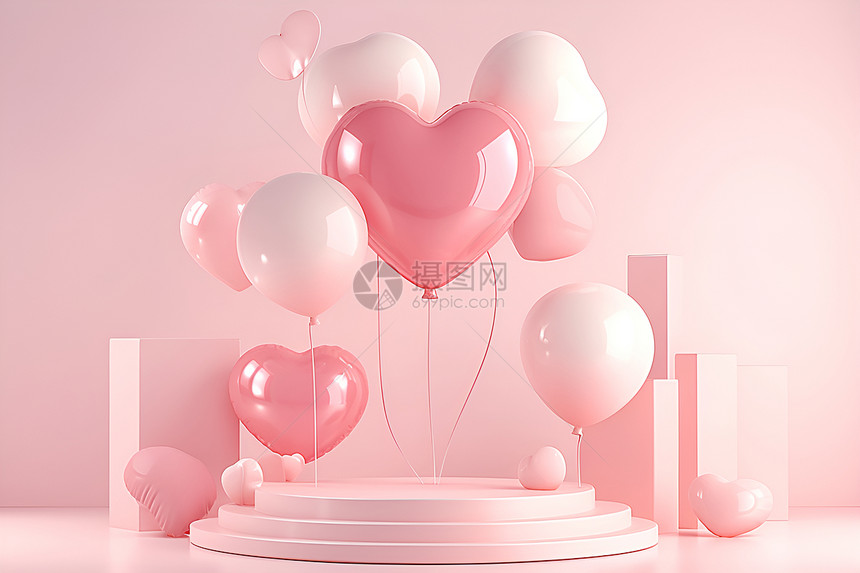 气球漂浮在粉色房间中图片