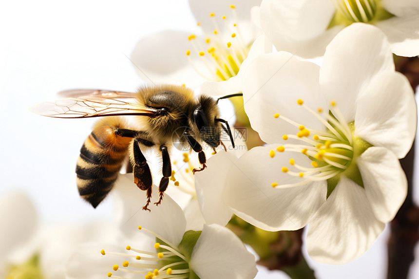 飞舞的蜜蜂在白花中采蜜图片