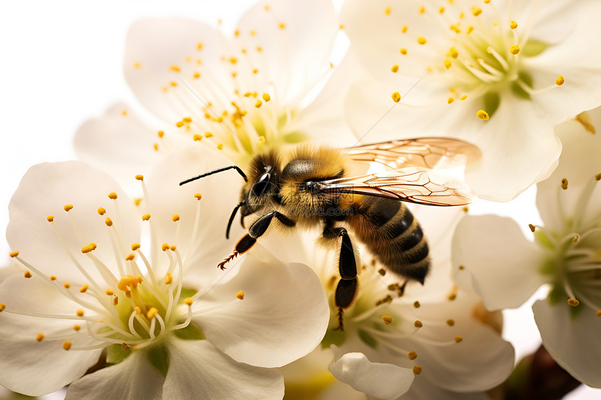 白花间的蜜蜂图片