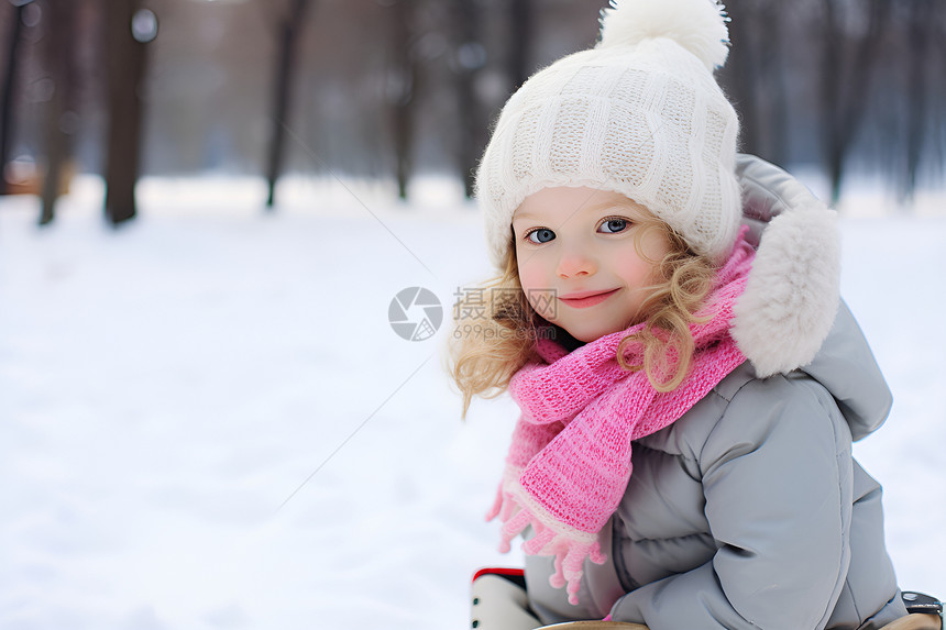 雪地里戴帽子的女孩图片