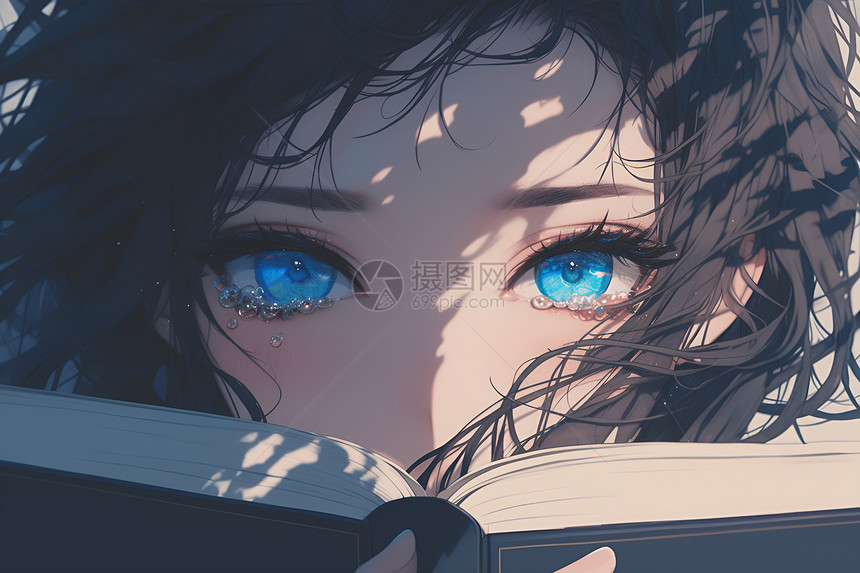 眼含热泪的看书的女孩图片