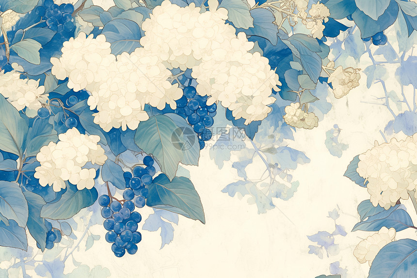 复古白色绣球花与蓝莓图片
