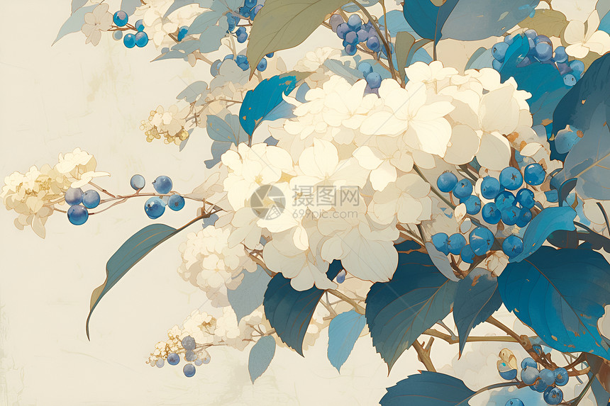 朴实精致的白色绣球花和蓝莓图片