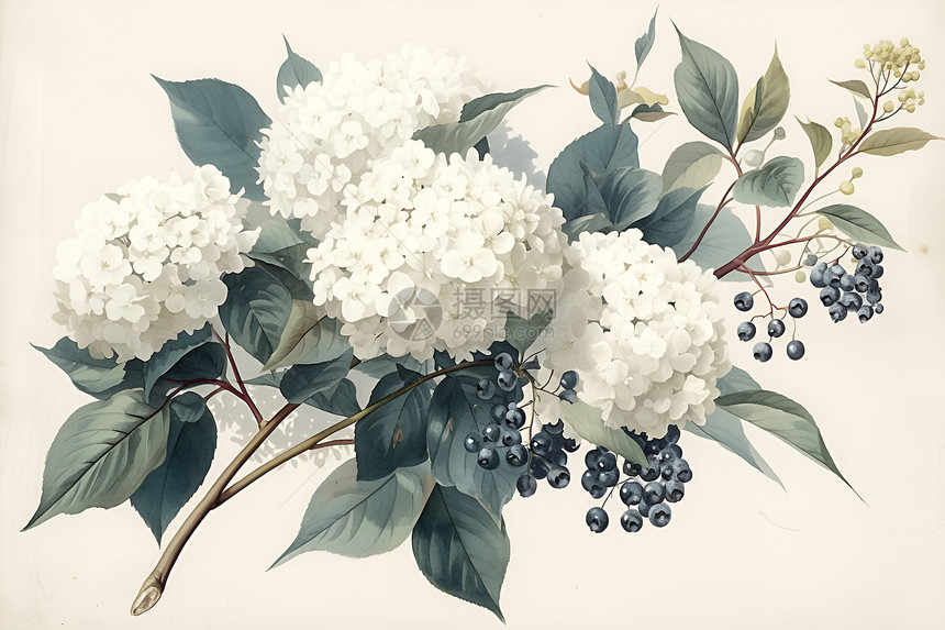 白色绣球花与蓝莓花枝图片