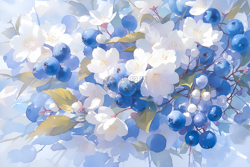 清新水彩蓝莓与白色绣球花图片